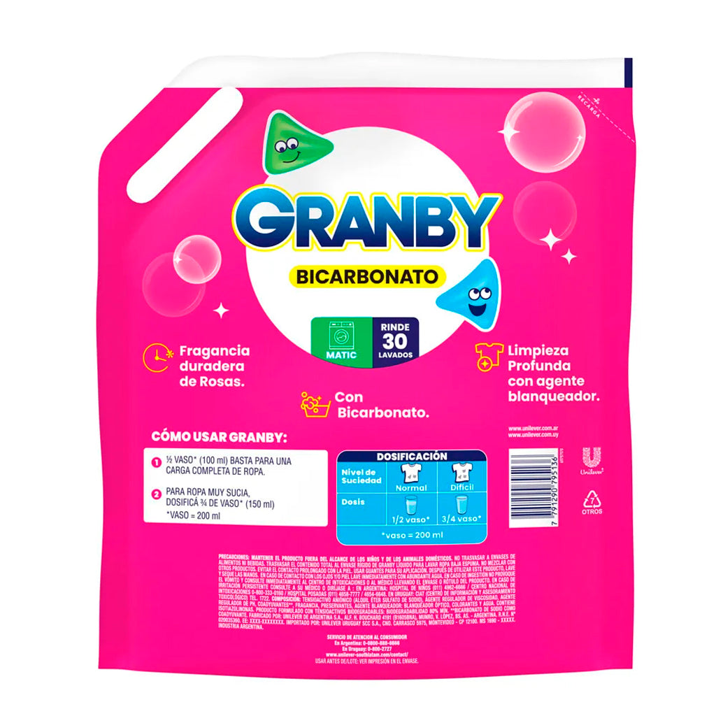 Jabón Liquido Granby p/ Ropa Fragancia de Rosas c/ Bicarbonato 3L