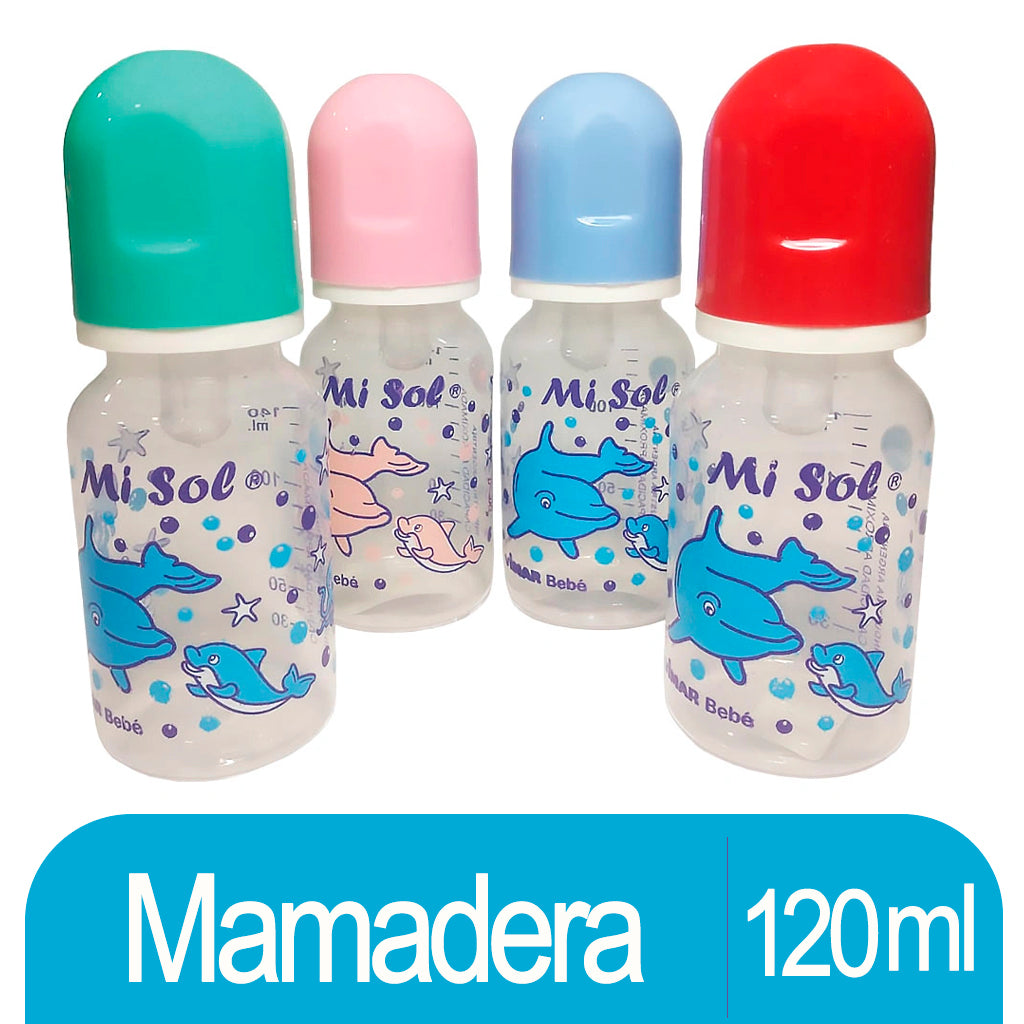 Mamadera Random Translucida c/ Dibujos y Tapas de Colores Surtidos 120 ml
