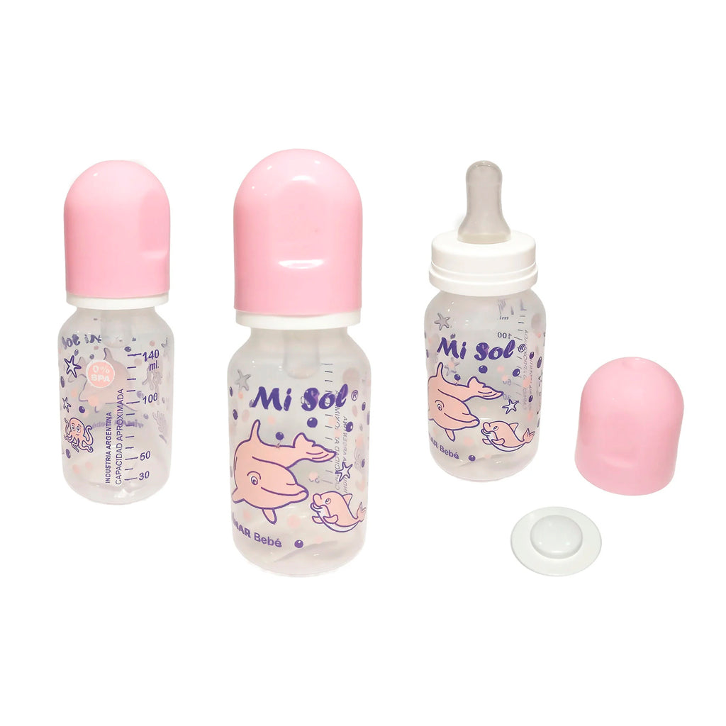 Mamadera Random Translucida c/ Dibujos y Tapas de Colores Surtidos 120 ml