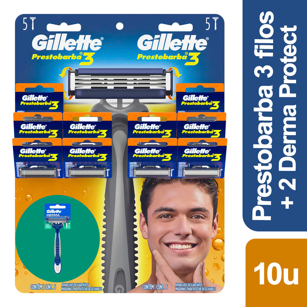 Afeitadora Desechable Gillette Prestobarba 3 Filos 10 u + 2 Derma Protect