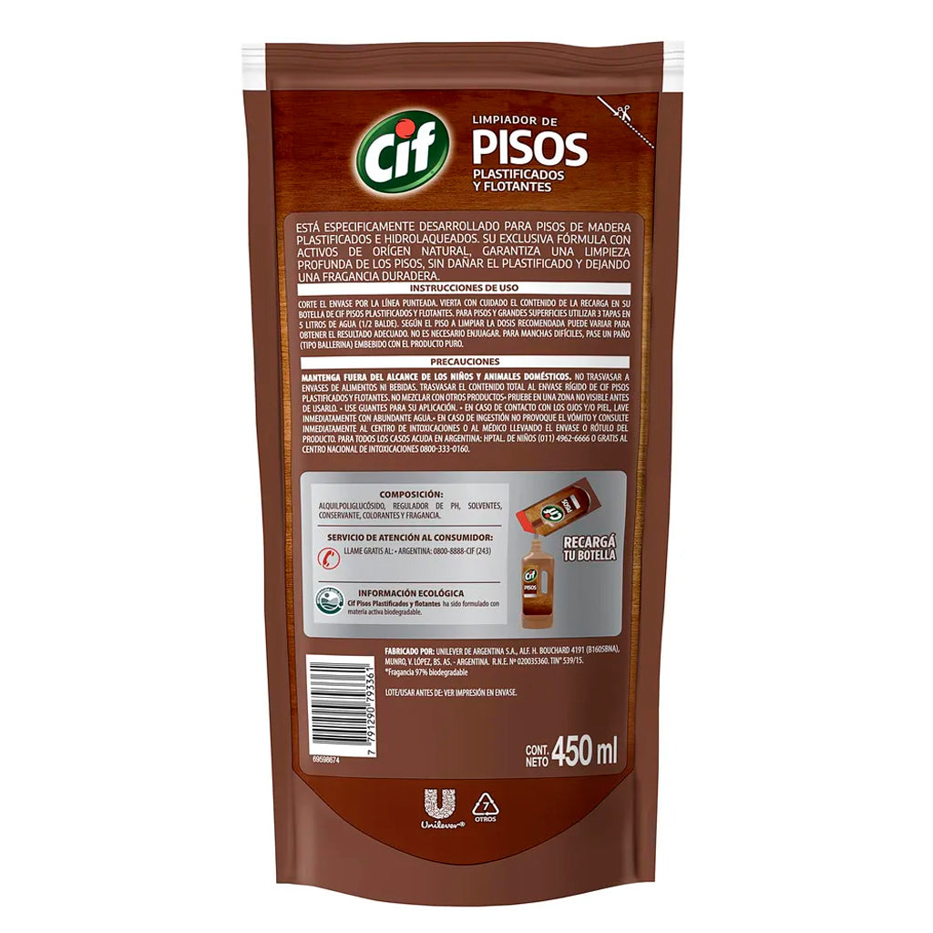 Limpiador de piso Repuesto Cif Plastificados y Flotantes 450 ml
