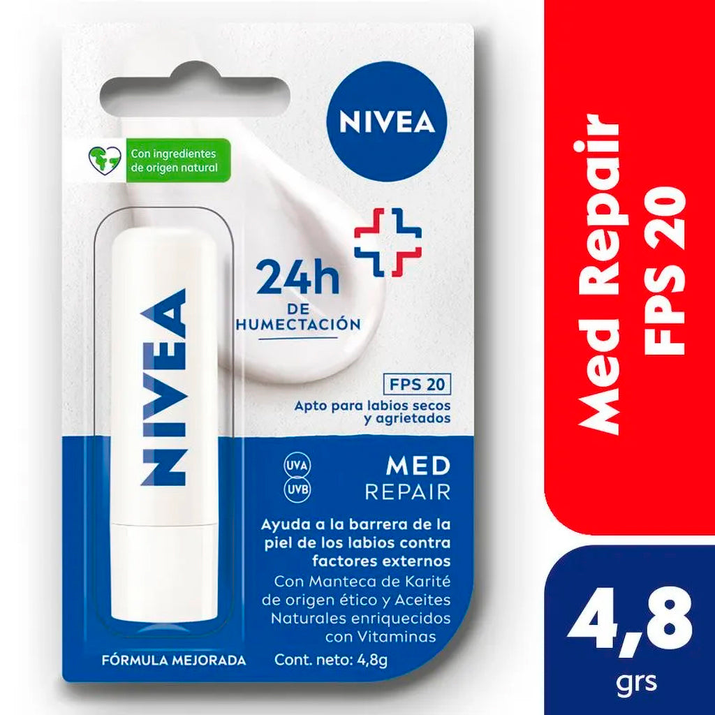 Protector Solar Labial Nivea Med Repair p/ Labios Secos y Agrietados FPS 20 4,8 g
