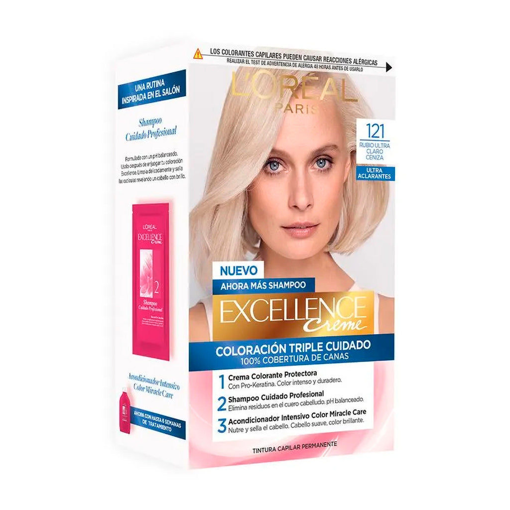 Kit De Coloración  Excellence Creme Loreal Paris Ultra Aclarante Tono 121 Rubio Ultra Claro Ceniza 172,5 g