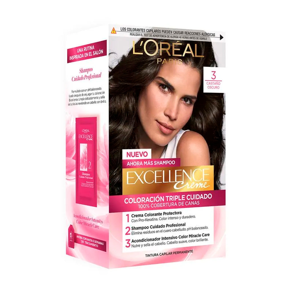 Kit De Coloración  Excellence Creme Loreal Paris Tono 3 Castaño Oscuro 172,5 g