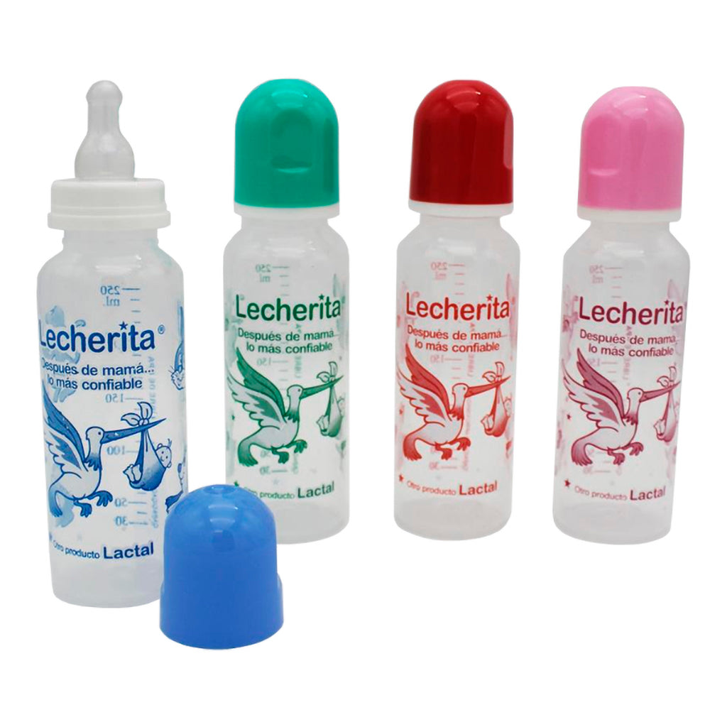 Mamadera  Lecherita Plastica Translucida c/ Dibujos y Tapas de Colores Surtidos 250 ml