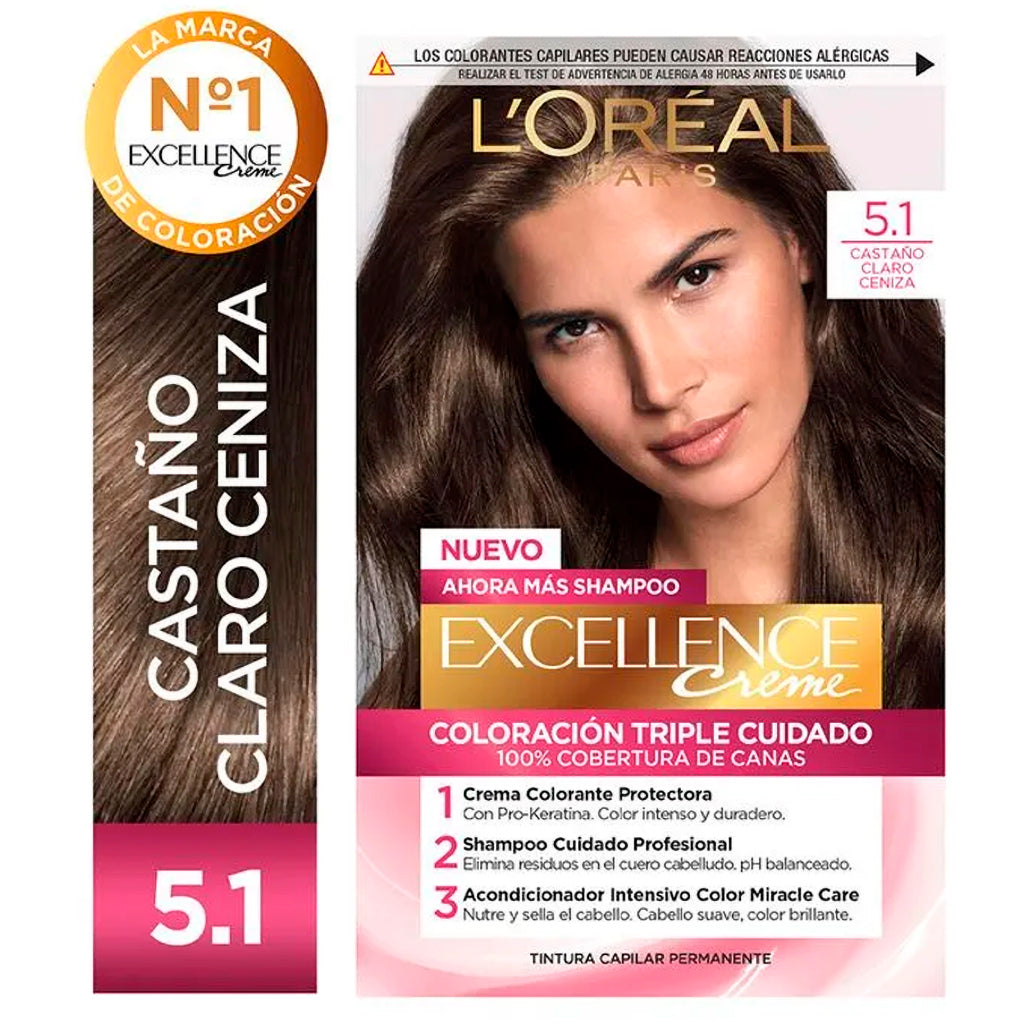 Kit De Coloración  Excellence  Creme Loreal Paris Tono 5.1 Castaño Claro Ceniza 172,5 g