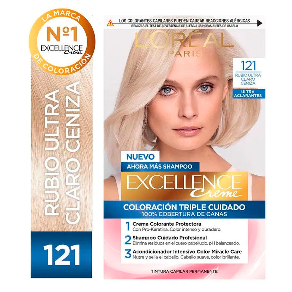 Kit De Coloración  Excellence Creme Loreal Paris Ultra Aclarante Tono 121 Rubio Ultra Claro Ceniza 172,5 g