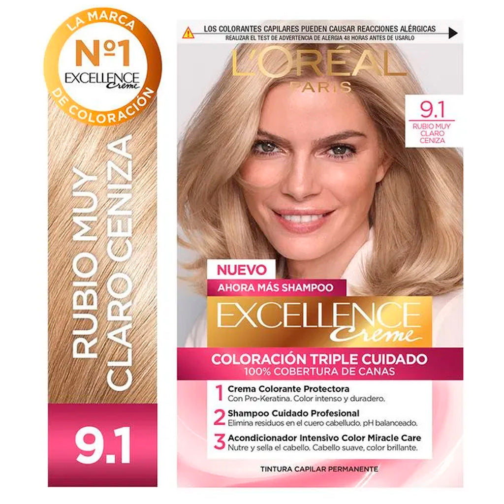 Kit De Coloración  Excellence Creme Loreal Paris Tono 9.1 Rubio Muy Claro Ceniza 172,5 g
