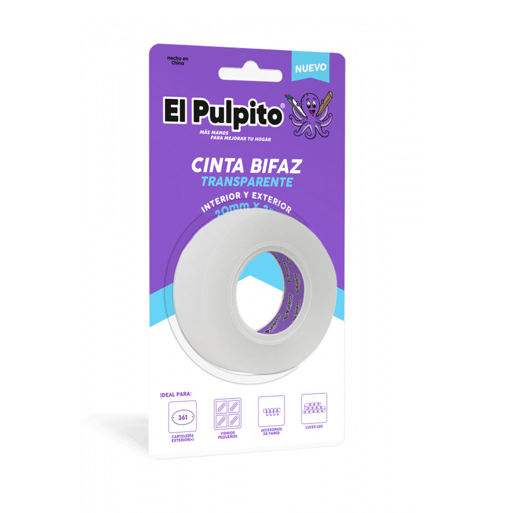 Cinta Bifaz Pulpito Transparente 20 mm 2 mtrs