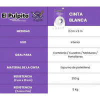 Cinta Bifaz Pulpito Interior Blanca 2mm 2mtrs