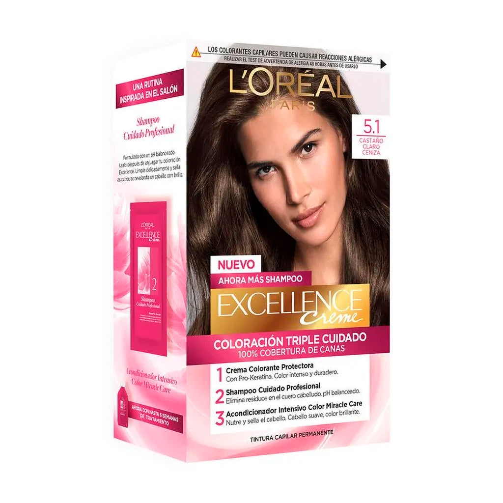 Kit De Coloración  Excellence  Creme Loreal Paris Tono 5.1 Castaño Claro Ceniza 172,5 g