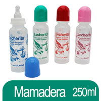 Mamadera  Lecherita Plastica Translucida c/ Dibujos y Tapas de Colores Surtidos 250 ml