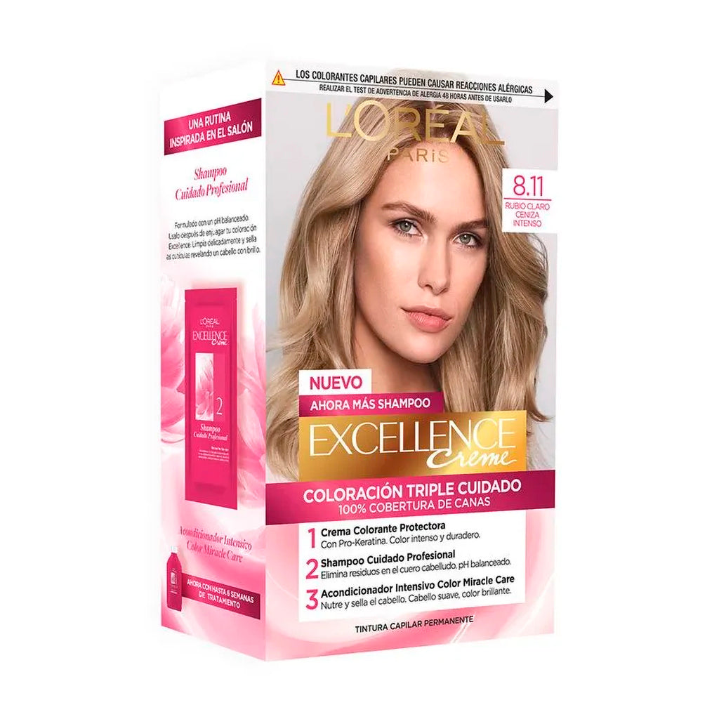 Kit De Coloración  Excellence Creme Loreal Paris Tono 8.11 Rubio Claro Ceniza Profundo 172,5 g