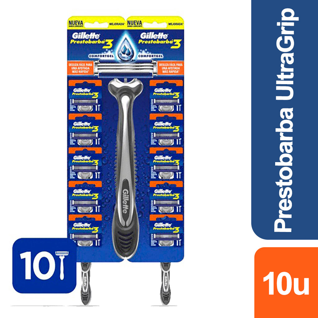 Afeitadora Desechable  Gillette  Prestobarba 3 Filos UltraGrip 10 u