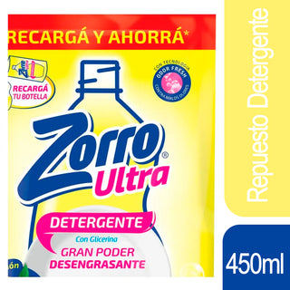 Detergente Repuesto Zorro Lavavajillas Ultra  c/ Glicerina Limon 450 ml