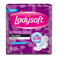 Toallas Femeninas Ladysoft Ultra Delgada Tela Suave c/ Alas 8 u