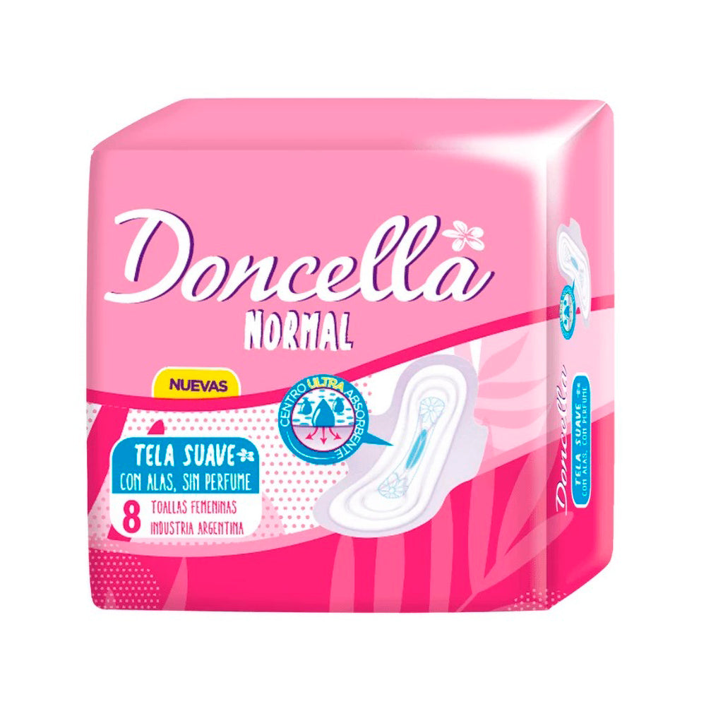 Toallas Femeninas Doncella Normal Tela Suave c/Alas 8 u