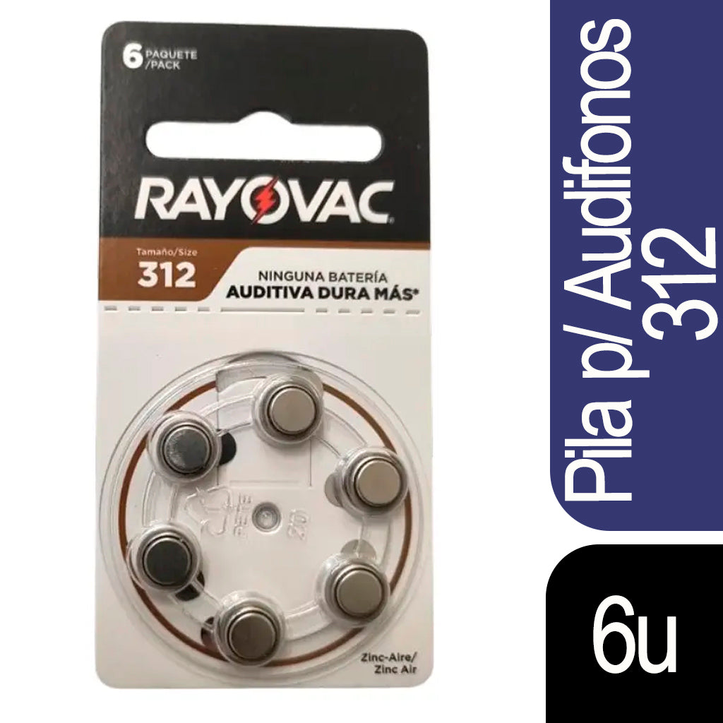 Pilas Rayovac Bateria p/ Audifonos Tamaño 312 Tecnologia Zinc-Air 6 u