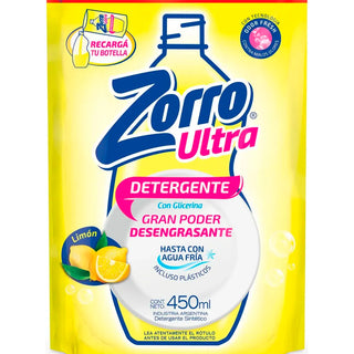 Detergente Repuesto Zorro Lavavajillas Ultra  c/ Glicerina Limon 450 ml
